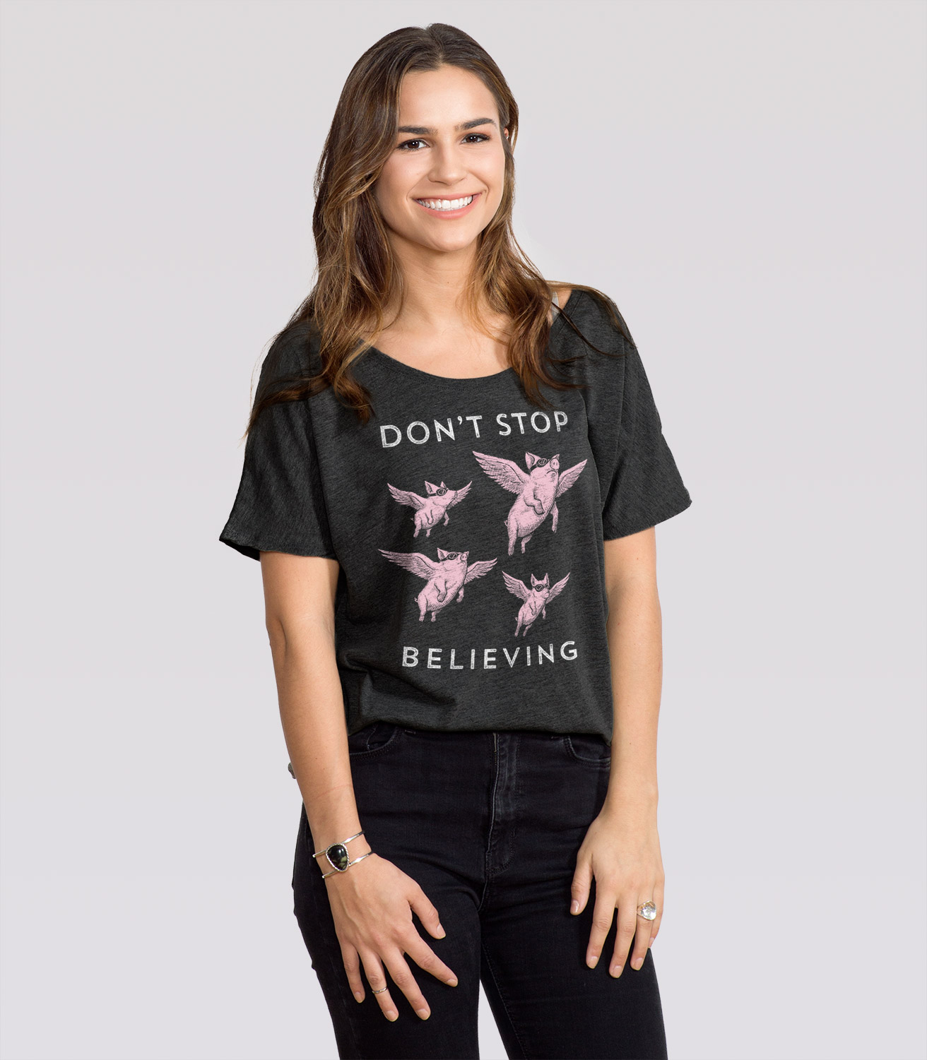 Don't Stop Believing Women's Slouchy Funny T-Shirt | Headline Shirts